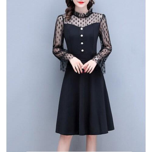 Mujer Vestidos Womens 2020 New Long-sleeved Mid-length Temperament Dress Stand Collar Trumpet Sleeve Pullover Dress Women Q242