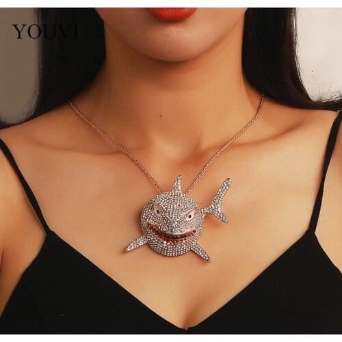 YOUVI Exaggerated Crystal Shark Pedant Necklace for Women Vintage Punk Choker Womens Neck Chain Jewelry Grunge Couple Pendants