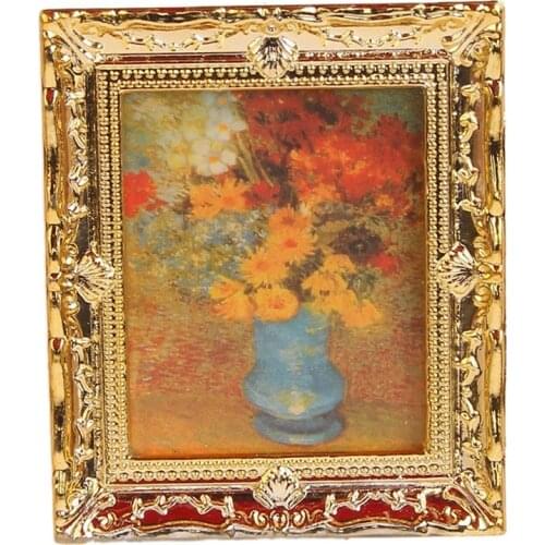 1:12 Golden Plastic Frame Flower Oil Painters Miniature Dollhouse Furniture