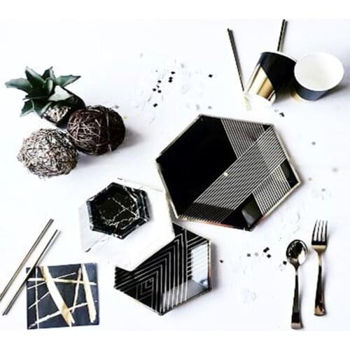 Black Series Gold birthday party decoration baby bath adult paper party supplies disposable paper plate party package decoration