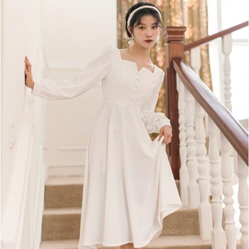 Puff Sleeve Vestido Square Neck Elegant White Dress Femininas Hepburn Pure Color Vintage Dresses Autumn Y2K Womens Clothing