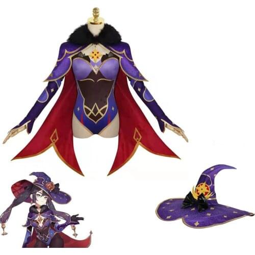 Genshin Impact Mona Cosplay Costume Women Jumpsuit Halloween Party Carnival Hat Bodysuit Full Set