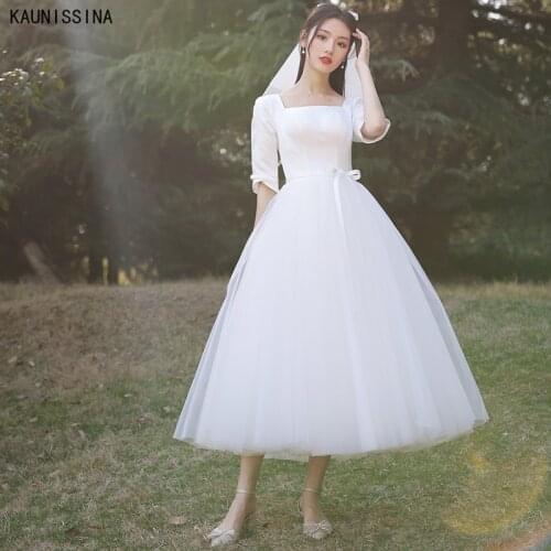 KAUNISSINA A-Line Wedding Dresses Square Collar Half Sleeve Satin Tulle Boho Bridal Gowns Calf Length White Simple Bride Dress