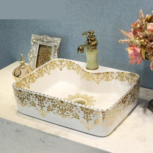 Ceramic oval Lavobo Ceramic Bathroom Countertop counter rectangular gold pattern ceramic wash basin Bathroom Sink
