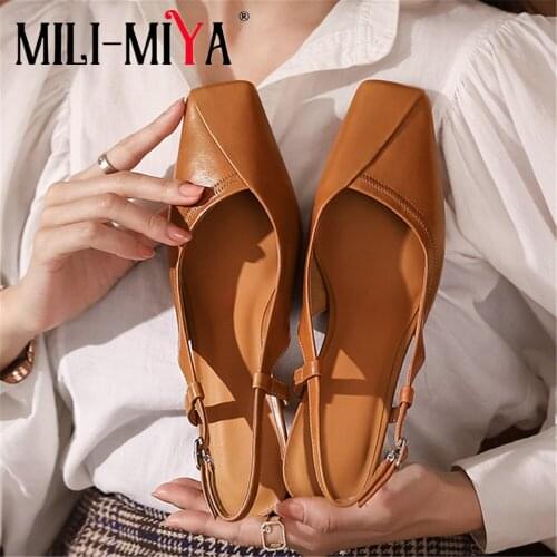 MILI-MIYA New Arrival Women Genuine Leather Pumps Round Toe Solid Color Thick Heels Sling Back Buckle Strap Casual Shoes