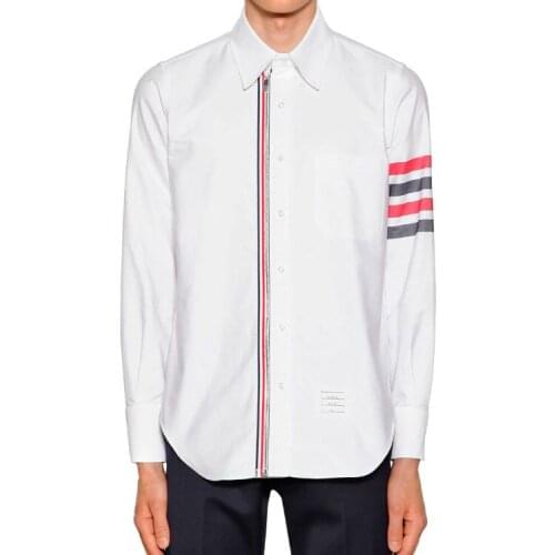 2021 Fashion TB THOM Brand Shirts Men Slim Fit White Long Sleeve Casual Shirt Zipper Striped Cotton Oxford Solid Mens Clothing