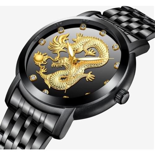 Luxury Men Gold Watch 3D Chinese Dragon Golden Mens Watch Stainless Steel Waterproof Unique Male Casual Dress Wristwatch