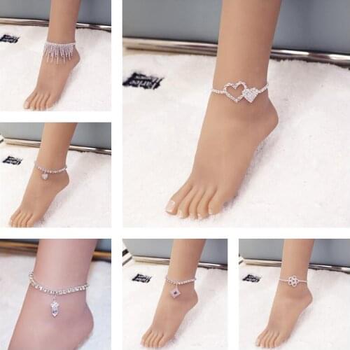 New Summer Beach Rhinestone Heart Anklet Chain For Women Simple Love Heart Ankle Bracelets Shiny Sandals Barefoot Jewelry Gift