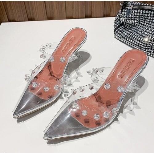 PVC Transparent Crystal Sandals Shoes Woman Studded High heel Sandals Clear Goblet high heels Mules Sexy Party Shoes Woman