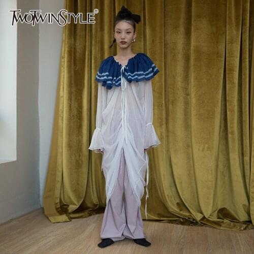 TWOTWINSTYLE Patchwork Ruched Shirt For Women Sailor Collar Flare Sleeve Lace Up Bowknot See Through Blouse Female 2020 Fall New