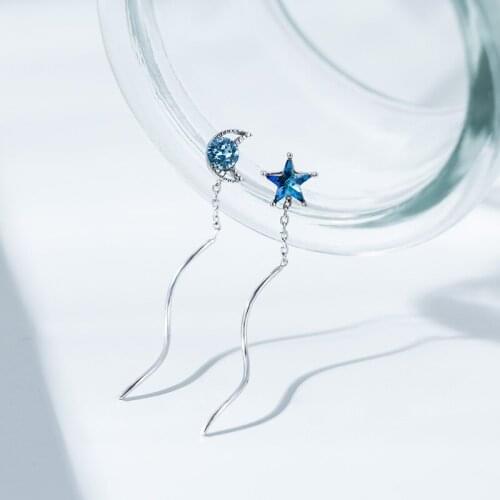 Blue crystal moon star ear line 100% 925 Sterling silver Jewelry fashion Hypoallergenic Stud earrings for women girl gift