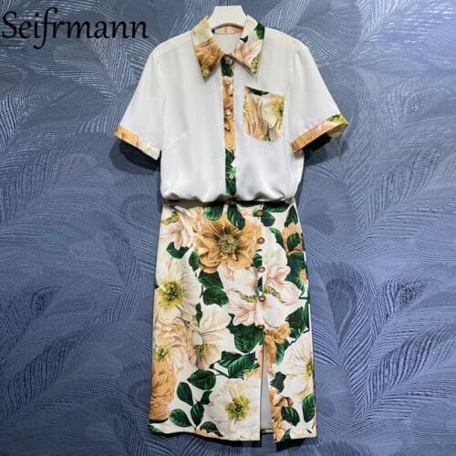 Seifrmann New 2021 Summer Women Fashion Skirts Set Short Sleeve Loose Blouses + High Waist Floral Print Split Midi Skirts Suits