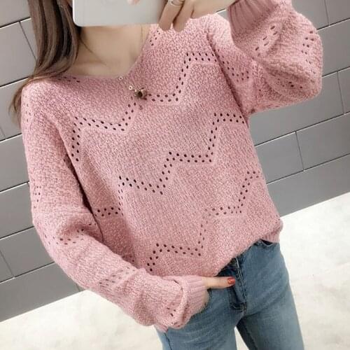 Harajuku Ladies Yellow V-Neck Hollow Long sleeve Knitted Pullover Korean Loose Tops 2021 Autumn Womens Thin Knitwear Jumper