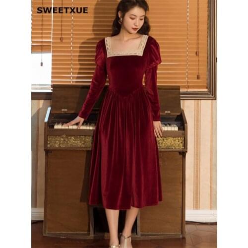 SWEETXUE Women Palace Retro Wine Red Square Neck Velvet Dress Sexy Lace Square Neck Long Sleeve Elegant Party Dresses