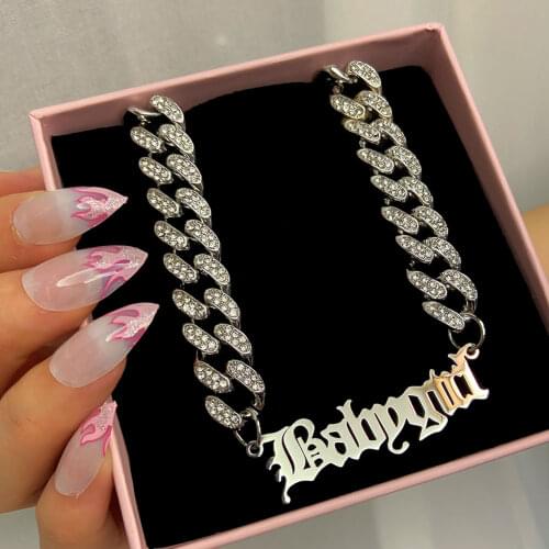 Flatfoosie Trendy New Babygirl Letters Pendant Necklace Women Iced Out Rhinestone Cuban Link Chain Necklace Statement Jewelry