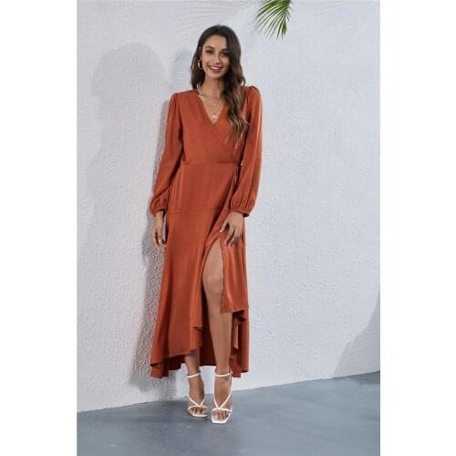 Autumn New Women Dresses Sexy V Neck Solid Elegant Dress Casual Dress Long Sleeve A Line Dress High Waist Robe Party Clothes
