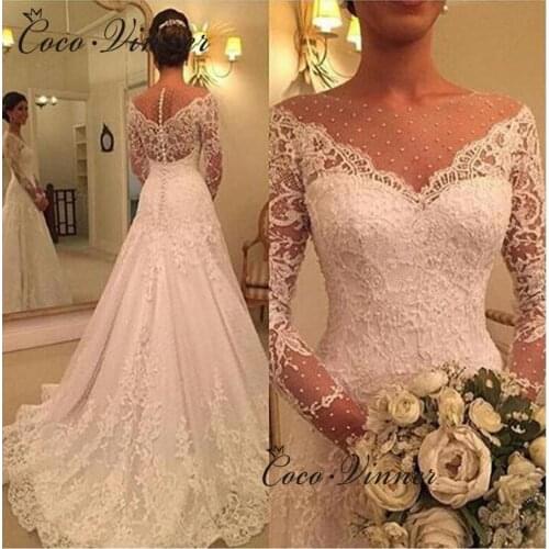 Long Sleeves Embroidery Wedding Gowns Gelinlik Appliques Vintage Lace Wedding Dress Illusion A line Wedding Dresses W0481