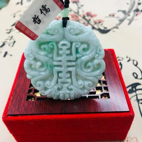 Zheru pure natural Jadeite carved light green two-color Fushou flower pendant with green bead chain sweater chain Send certifica