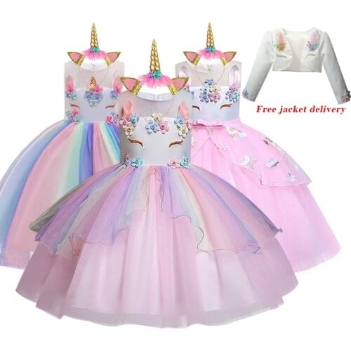 2021 Christmas Unicorn Party Dress For Girls Dress Carnival Costume Princess Dresses Flower Girl Wedding Dresses 3 to 10 Years