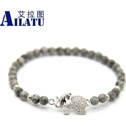 Ailatu 4mm Natural Grey Picture Stone Micro Inserts Zircon Elephant Lucky Bracelet for Gift Animal Shape