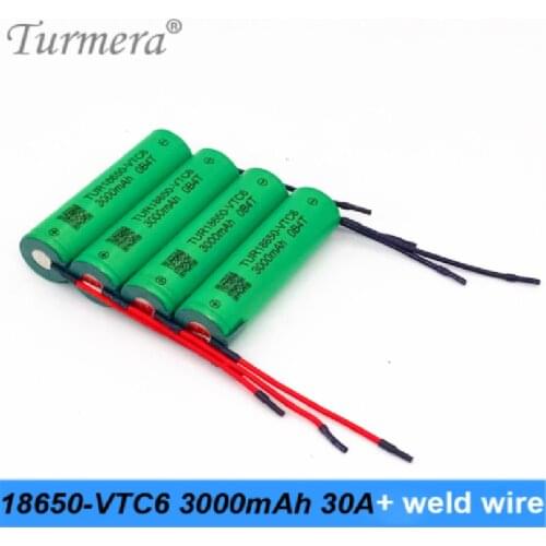 Welding Wire 18650 VTC6 3000mAh Battery 30A for 12V 16.8V 18V 21V 25V Electric Drill Screwdriver Battery and E-bike Use Turmera