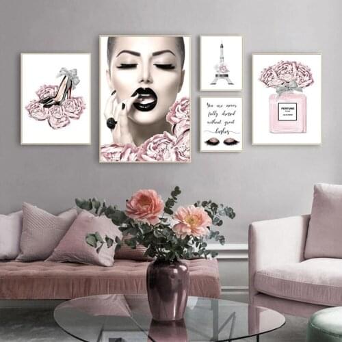 Pink flower perfume fashion lady diamond painting silver lips makeup rhinestone embroidery art painting wall picture modern girl