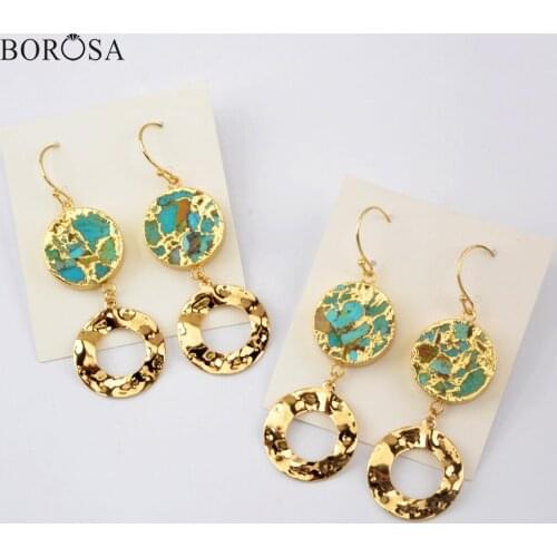 BOROSA 5Pairs Gold Round Copper Turquoises Dangle Earrings Women Double Circle Metal Drop Earrings Trendy Jewelry Gifts G1951
