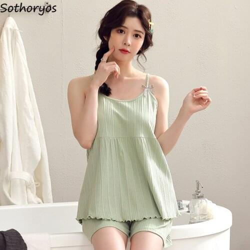 Pajama Sets Women Summer Fashion Korean Style Cute Sleeping Wear Sweet Spaghetti Strap Plus Size 3XL Simple Two Piece Set Loose