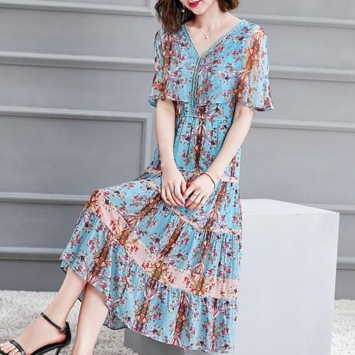 Elegant 80% Genuine Silk Womens Summer Dress 2021 Female High Waist Dress Long Dresses Boho Dress Kobieta Sukienka Zjt2515