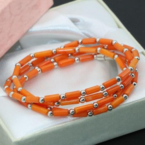 Factory outlet 4 rows natural orange coral tube beads 3*7mm elegant long chain multilayer bracelets magnetic clasp jewelry B2792