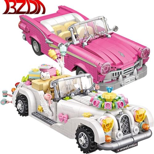 City Mini Cars Luxury Wedding Vehicle Flower Balloon Mode Building Block Set Micro Pink Roadster Car Brick Diy girls boys gift