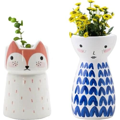 Cute Fox Ceramic Doll Figurines Miniature Model Flower Pot Home Decoration Accessories Minimalist Vases Flower Arrangement Gifts