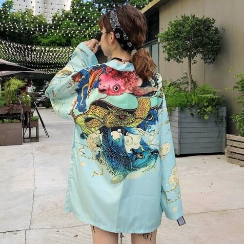Yukata Women Harajuku Cardigan Japanese Kimono Asian Clothes Carp Printed Shirt Tops Casual Kimonos Femme Kimono Cosplay Kawaii