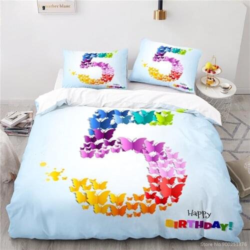 5 Years Happy Birthday Bedding Set Beautiful Colorful Butterfly Printed Duvet Cover Set Bed Linens Bedclothes for Children Kids