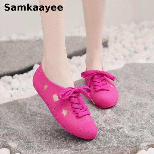 Size 36-40 Womens Flats Shoes Spring Autumn Females Pvc Clogs Lace-Up Loafers Hollow Jelly Sneakers Mujer Casual Chaussures Y15