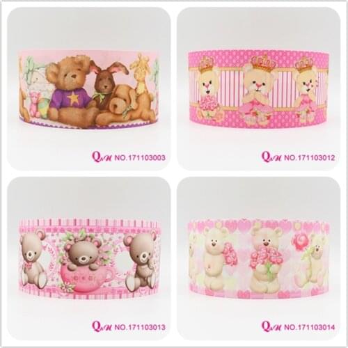 Q&N ribbon 16mm 22mm 25mm 38mm 50mm 75mm bear cartoon printed grosgrain ribbon webbing 50yards/roll for hair tie free shipping