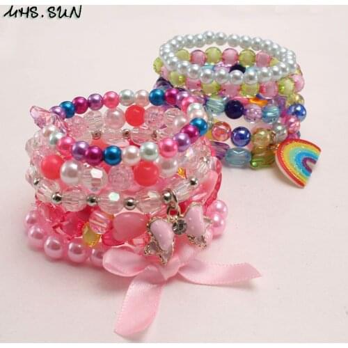 MHS.SUN Fashion Baby Girls Colorful Beads Bracelet Bangles With Rainbow/Bowknot Charm Elastic Bracelets For Kids/Child 4Pcs