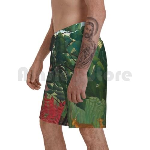Henri Rousseau-The Waterfall Beach Shorts Men Beach Pants Swimwear Henri Rousseau The Waterfall Henri Rousseau