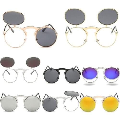 Male Retro Steampunk Sunglass Round Flip Up Women Mens Clip On Sunglasses Metal Punk Sun Glasses New Arrival