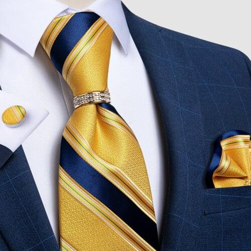 DiBanGu Mens Necktie Yellow Blue Striped Wedding Tie For Men New Design Necktie Ring Hanky Cufflinks Silk Tie Set Business Party