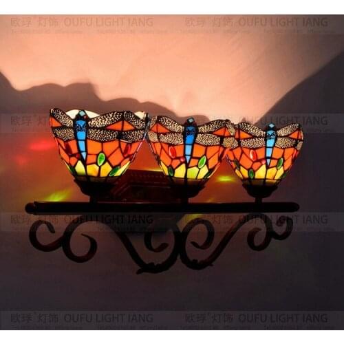 Red Dragonfly Tiffany glass art wall lamp RETRO three head lamp bar restaurant bathroom mirror lamp
