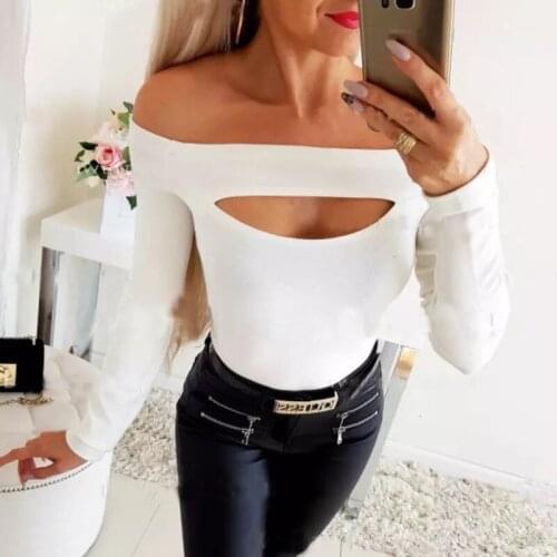 New Soild Hollow Out Tee Shirt Off Shoulder Sexy T-Shirts Fashion Elastic Slim Tops Women Long Sleeve Jumper Stretch Tops Ladies