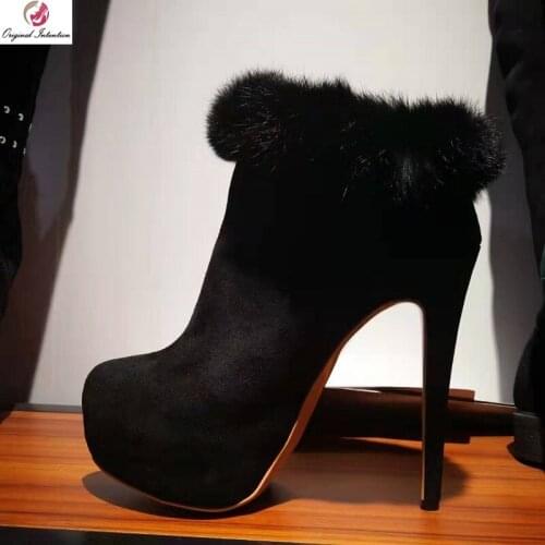 Original Intention Women Ankle Boots Platform Heels Fashion High-quality Black Boots Shoes Woman Plus Size 4-20