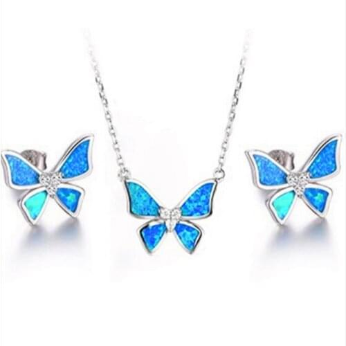 Silver Plated 2 Colors Opalite Opal Butterfly Shape Pendant Link Chain Necklace Stud Earrings for Women Jewelry Sets