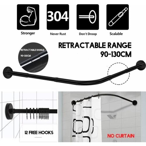 Drilling-free Extendable Corner Shower Curtain Rod with 12 Metal Hooks Black Stainless Steel Rail Bath Hardware Heavy-duty Pole