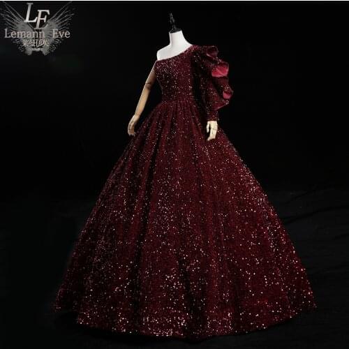 Luxury wine red single sleeve full sequined ball gown long vintage medieval Renaissance princess Victoria dress