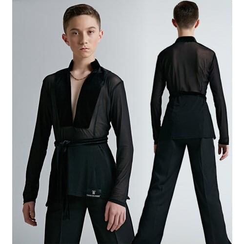 Latin Dance Competition Shirts For Boys Mesh V-Neck Long Sleeve Tops ChaCha Samba Salsa Dancewear Ballroom Stage Costume VDB3230