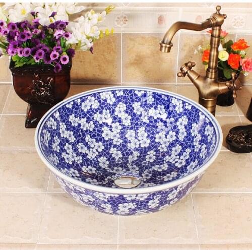 Blue and white Jingdezhen factory directly art hand painted ceramic wash basin round bowl sink
