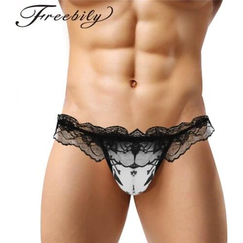 Freebily Sissy Gay Men Floral Exotic Lingerie G-String Lacework Open Back Bulge Pouch Low Rise G-string Bikini Underwear Panties