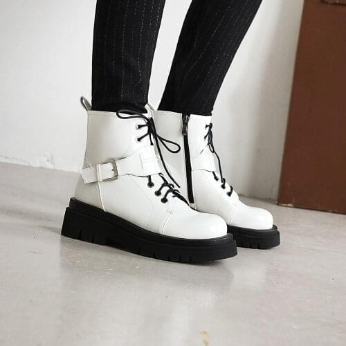 Osunlina Womans Ankle Martin Boots White Black Round Toe Lace-Up Zipper Buckle Decoration Comfortable Autumn Flat Shoes A115